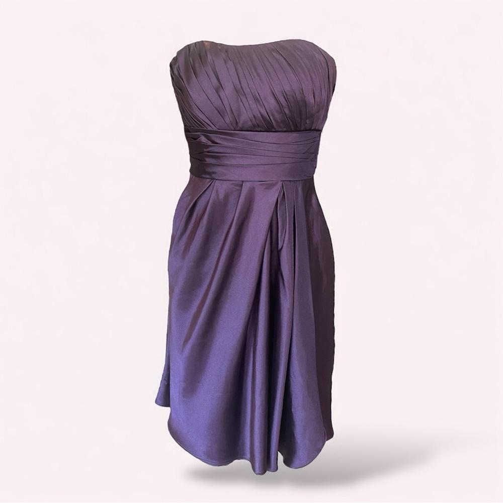 Bill Levkoff purple satin strapless short cocktail bridesmaid dress.